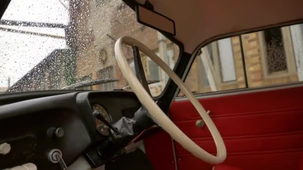 Shot Shows Trabant 600 Red Leather Seats White Steering Wheel — Stock Video