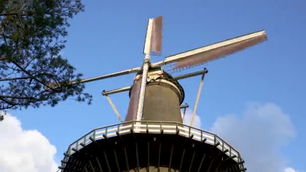 Museum Valk Valk Tower Mill Working Spinning Sails Blue Sky — Stockvideo