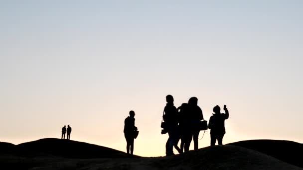 Szerokie Ujęcie Ludzi Sylwetce Przeciwko Różowemu Niebu Pustyni Namib Zachodzie — Wideo stockowe