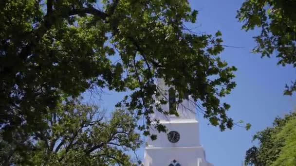 Torre Tradicional Igreja Holandesa Cabo Aparecendo Através Carvalhos Céu Azul — Vídeo de Stock