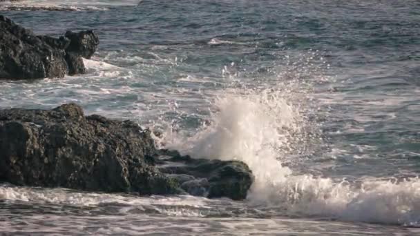 波は海岸沿いの岩に衝突し 空気中に飛び込みます 海岸と衝突した後 海と青い海の水の力のスローモーションビューが噴霧 — ストック動画