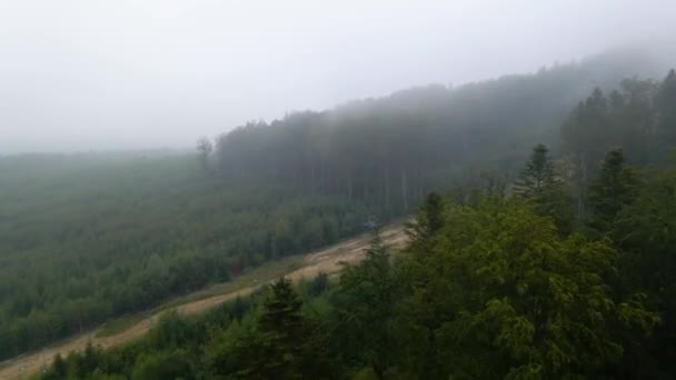 在一个神秘而闷热的日子里 在乌克兰卡法蒂安山区 空中俯瞰着雾蒙蒙的森林和一条道路 正在崛起的无人驾驶飞机射击 — 图库视频影像