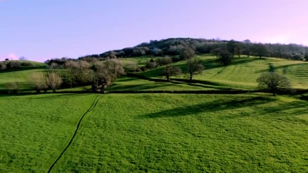 Dron Arial Strzelał Wysoko Angielskiej Wsi Wzgórzu Gdy Wschodziło Słońce — Wideo stockowe