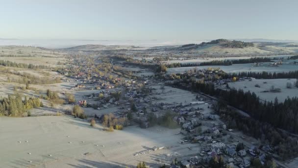 Luchtfoto Bij Dageraad Van Plattelandsdorp Witow Zuid Polen Schilderachtig Landschap — Stockvideo