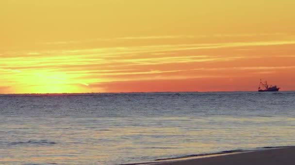 フォリービーチで日の出の間に水平線を航海する漁船 — ストック動画