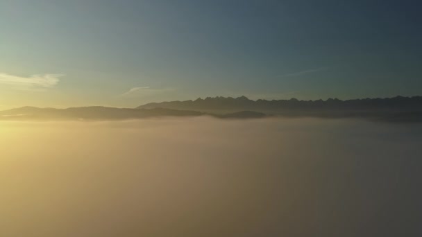 Aerial Mist Colorful Sunrise Mountain Peaks Distance — Stock Video