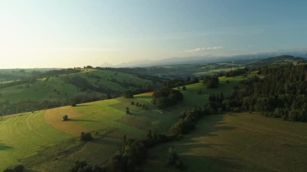 View Farmland Rolling Hills Springtime Aerial Drone Shot — Stock Video