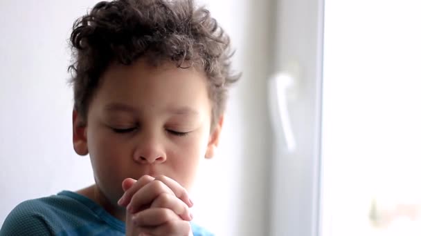 Kleine Jongen Bidden Tot God Met Handen Samen Voorraad Video — Stockvideo