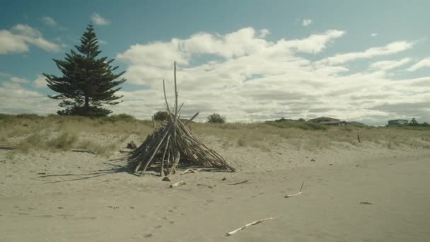 Haufen Holzstäbchen Die Strand Ein Lagerfeuer Bilden — Stockvideo