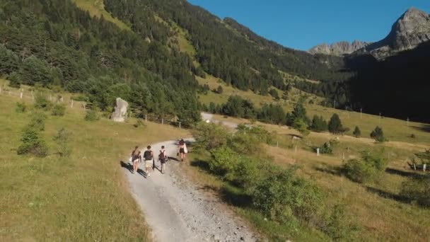 Aerial Drone Shot Teen Friends Walking Mountain Path Pirineos Val — Vídeos de Stock
