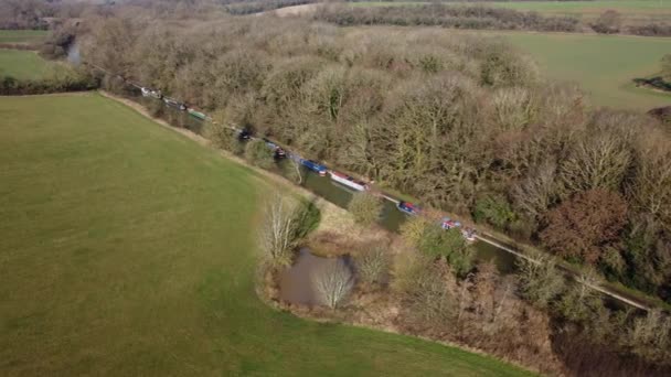Smalle Boten Grand Union Canal Luchtfoto Uitzicht Warwickshire Landschap — Stockvideo