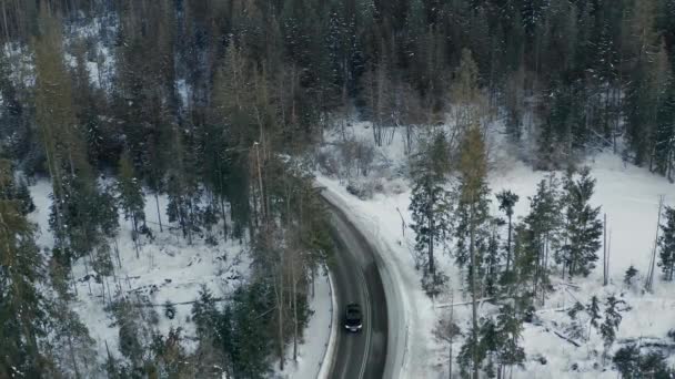 Car Driving Frozen Mountain Road Winter Season Aerial Backward — Stock Video