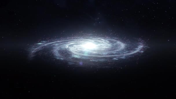 コスモスの中に浮かぶ銀河 回転宇宙旅行中の背景に深い宇宙を示すシミュレーション — ストック動画