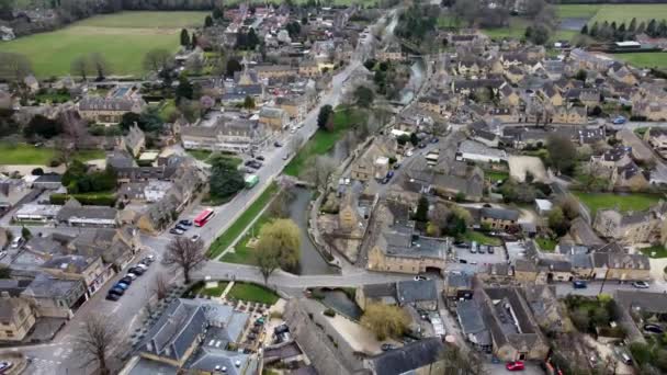 Bourton Water River Windrush Cotswold Village Roman Settlement Aerial Spring — Video