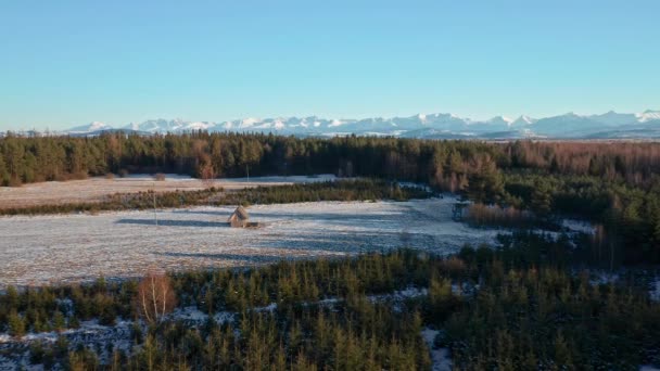 Houten Huisje Het Midden Van Wintervelden Het Bos Buurt Van — Stockvideo