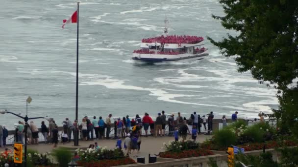 Туристи Дощовиках Їздять Човні Кружляють Річці Ніагара Глядачами Niagara Falls — стокове відео