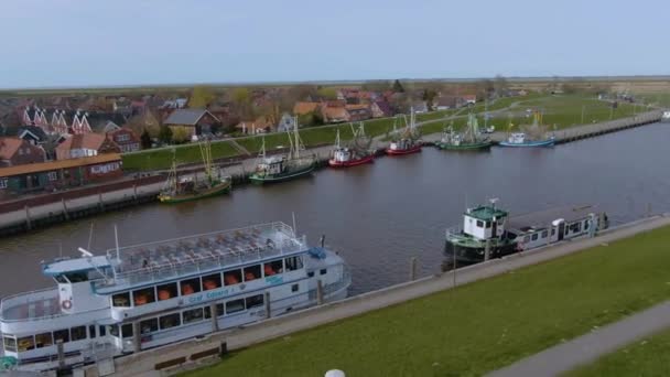 Drone Volo Tranquillo Piccolo Porto Pescatori Germania — Video Stock