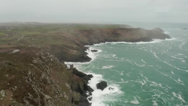 Aerial Atlantic Shore Mist Cornwall England Part Scenery Used Masterpiece — Stock videók