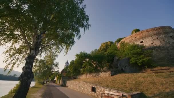 Beautiful Wide View Durnstein Danube River Picturesque Wachau Valley Daylight — Stock Video