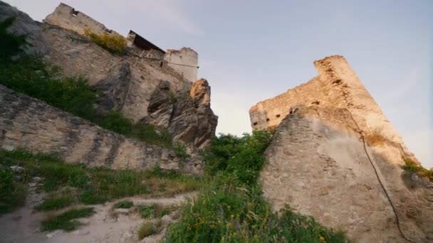 People Admiring Scenic View Wahau Valley Ruins Castle Slider Shot — Stock Video