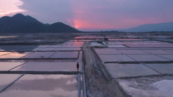 Steigende Luftaufnahme Von Touristen Bei Der Erkundung Riesiger Endloser Salzfelder — Stockvideo