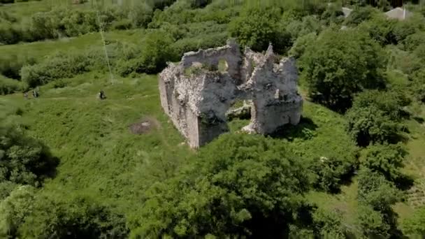 Kamenné Zdi Starověkých Hradních Zřícenin Ukrajině Venkovské Letecké — Stock video