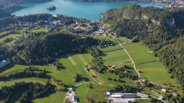 Vista Aérea Panorámica Del Lago Bled Eslovenia — Vídeos de Stock