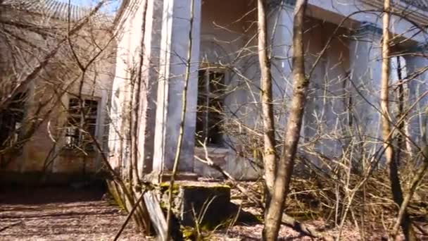 Büyük Ihmal Edilmiş Sovyet Siyasi Binası Ağaçların Arkasında Çernobil — Stok video