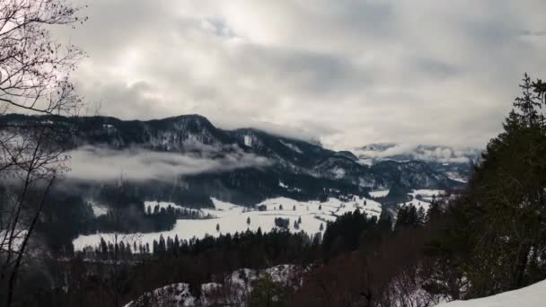 Cloud Movement Snow Covered Alpine Valley High Angle Static Time — Stock Video