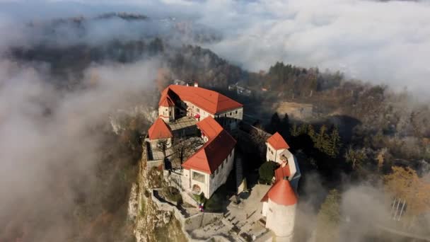 Bled Kasteel Verlicht Door Morgen Gouden Uur Licht Boven Lage — Stockvideo