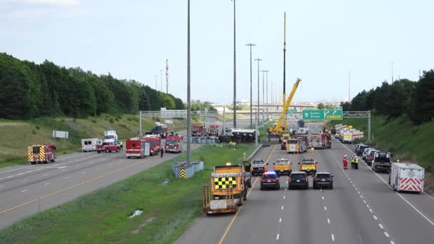 Fire Trucks Police Cars Mobile Crane Clearing Trobris Oil Cisterker — Stock video