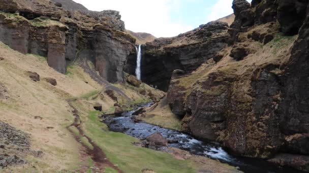 Island Vattenfall Canyon Med Vandringsled Och Floden Kvernufoss — Stockvideo