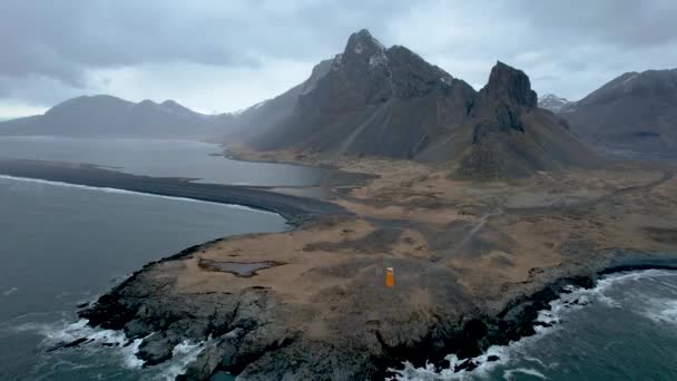 Dramatic Iceland Eastern Fjord Coastline Orange Lighthouse — Stockvideo
