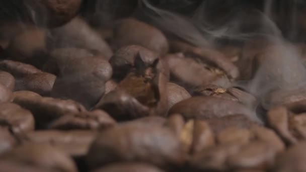 Macro Tiro Câmera Lenta Fumar Grãos Café Orgânicos Quentes Caindo — Vídeo de Stock