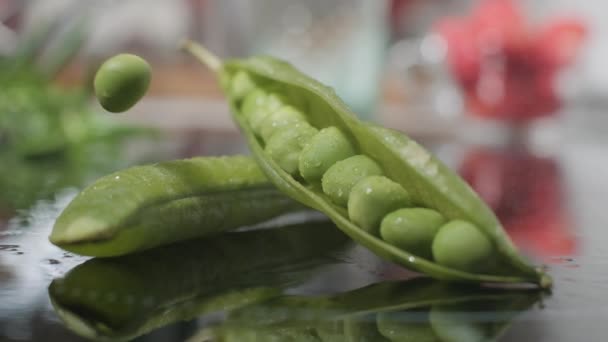 Green Pea Seeds Falling Wet Open Pod Green Peas Inglés — Vídeos de Stock