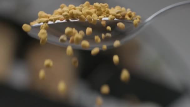 Ein Löffel Körniger Bienenpollen Der Zeitlupe Gegossen Wird Nahaufnahme — Stockvideo