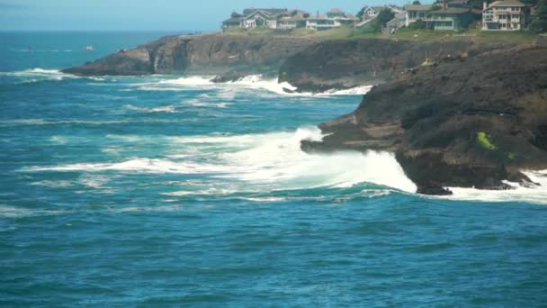 Huge Waves Crashing Rocky Shore Slow Motion — Vídeo de stock