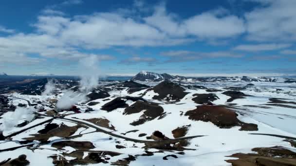 Northern Iceland Ring Road Snowy Mountain Road Krafla Viti Lake — Stock Video