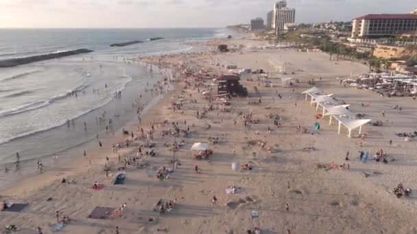 Aerial View Sandy Beach People Sunset City Herzelia Israel — Stock videók