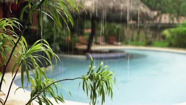 Kosta Rika Yüzme Havuzu Olan Tropikal Bir Sahil Beldesine Yağmur — Stok video