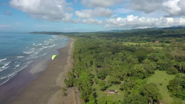 Ein Gleitschirm Fliegt Über Einen Strand Und Wald Der Küste — Stockvideo