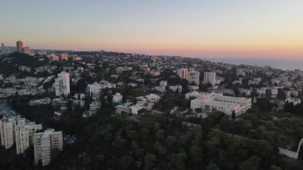 Steigende Luftaufnahme Einer Stadt Voller Gebäude Und Bäume Bei Sonnenaufgang — Stockvideo