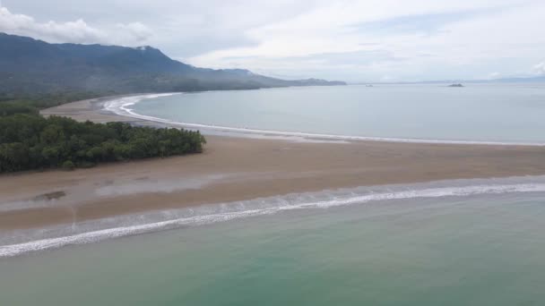 コスタリカの海岸の空の砂のビーチに向かって飛ぶドローンショット — ストック動画