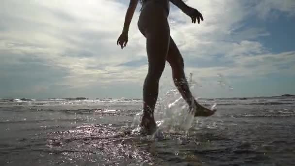 Beautiful Young Woman Walks Beach Splashes Sea Holiday — Stock Video