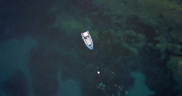 Flera Dykare Dykning Nedsänkt Bredvid Liten Båt Antenn Utsikt Från — Stockvideo