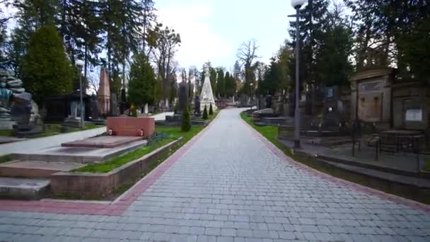 Grote Grafstenen Prachtige Natuur Begraafplaats Lychakiv Omgeven Door Bomen Lviv — Stockvideo