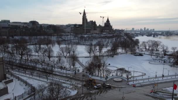 Blockade Protestants Intersection Coronavirus Government Decree Winter Canada Ottawa Drone — Stock Video