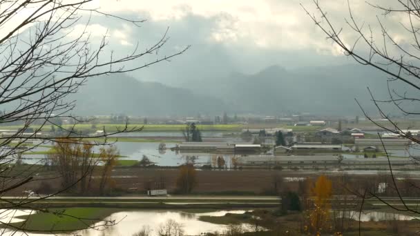 Sun Beams Clouds Passing Flooded Landscape Abbotsford British Columbia — Stock Video