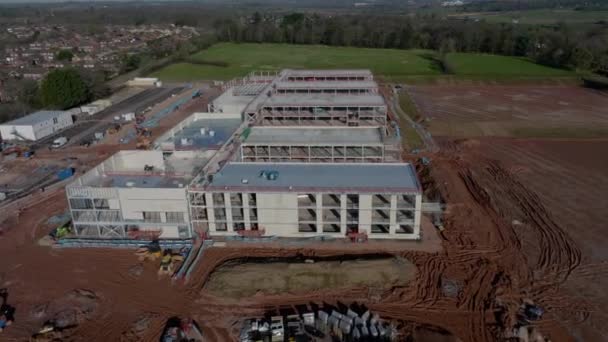 New School Construction Building Site Large Steel Frame Aerial View — Videoclip de stoc
