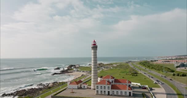 Vista Aérea Sobre Farol Capela Boa Nova Lea Palmeira Matosinhos — Vídeo de Stock